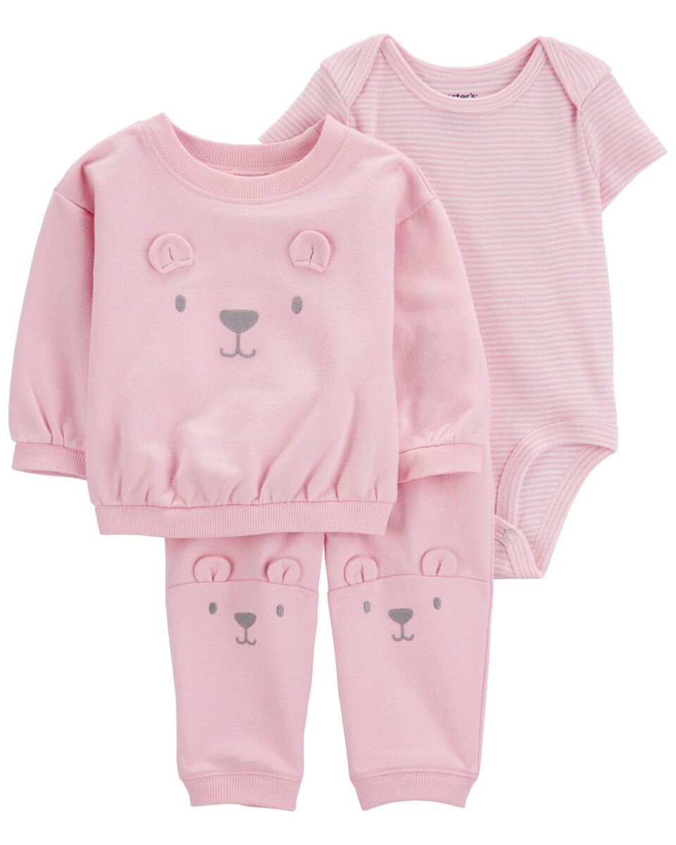 Set tres piezas de algodón, pantalón, buzo y body, diseño oso 