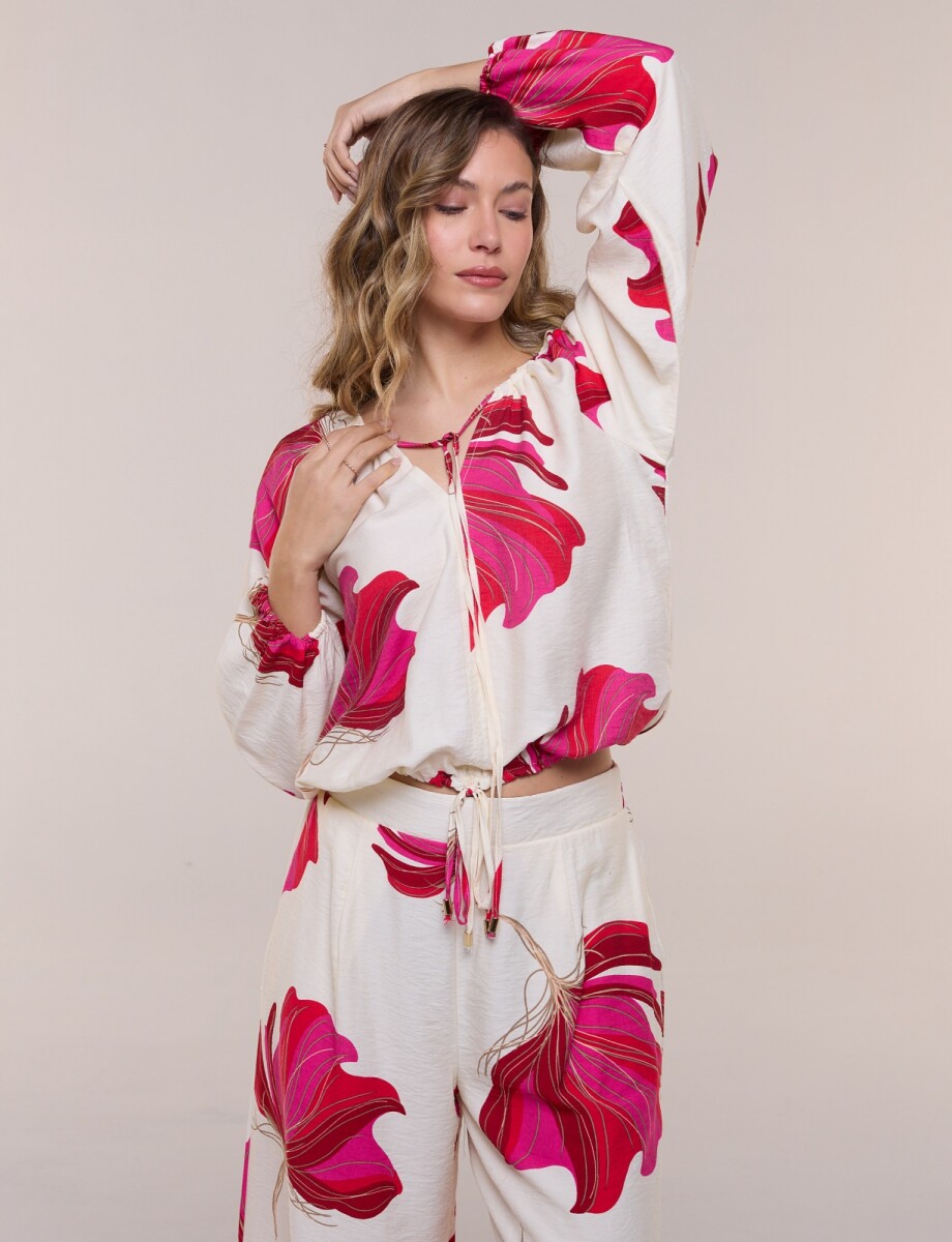 Conjunto Estampado De Blusa Y Pantalón Palazzo - Multi/fucsia 