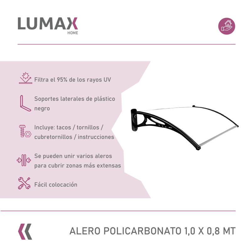 Alero Policarbonato Transparente Y Soporte Negro 1.0 X 0.8 M Blanco