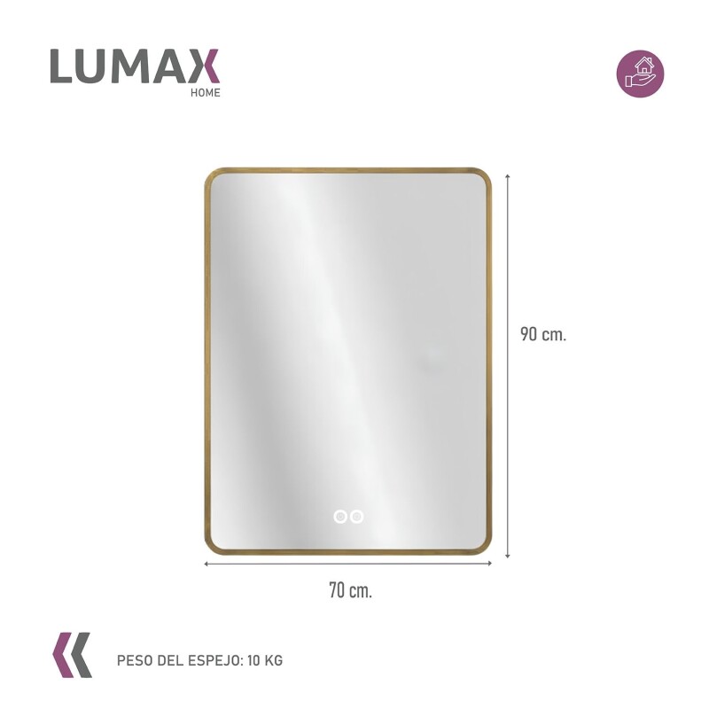 Espejo Vertical Lumax c/marco desempañador y Luz 90x70cm Dorado