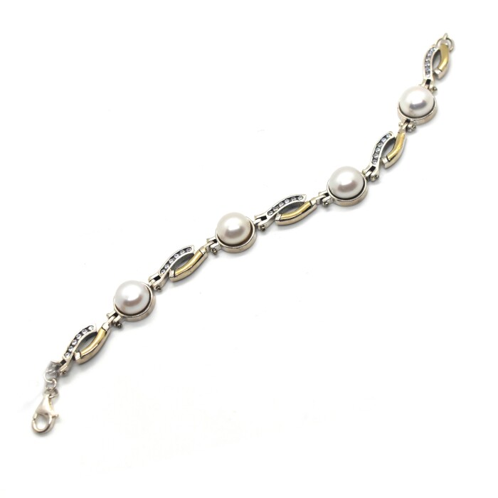Pulsera en Oro y Plata 925 con Zirconias y Perla de Río Pulsera en Oro y Plata 925 con Zirconias y Perla de Río