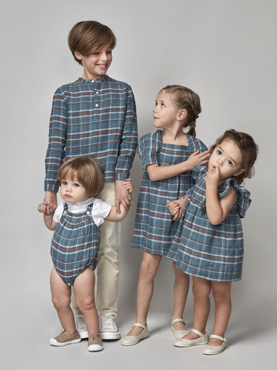 Camisa De Cuadros Cuello Mao Azul