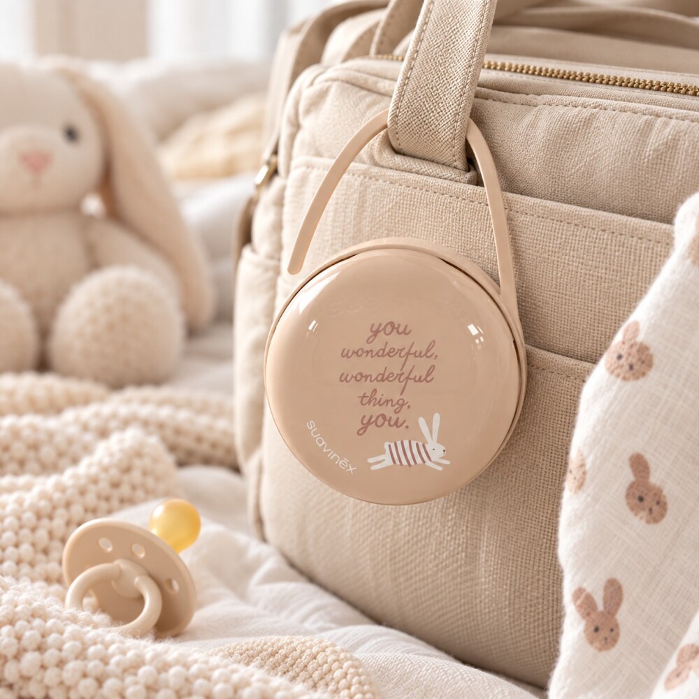 Porta chupete Pod Suavinex beige conejos texto