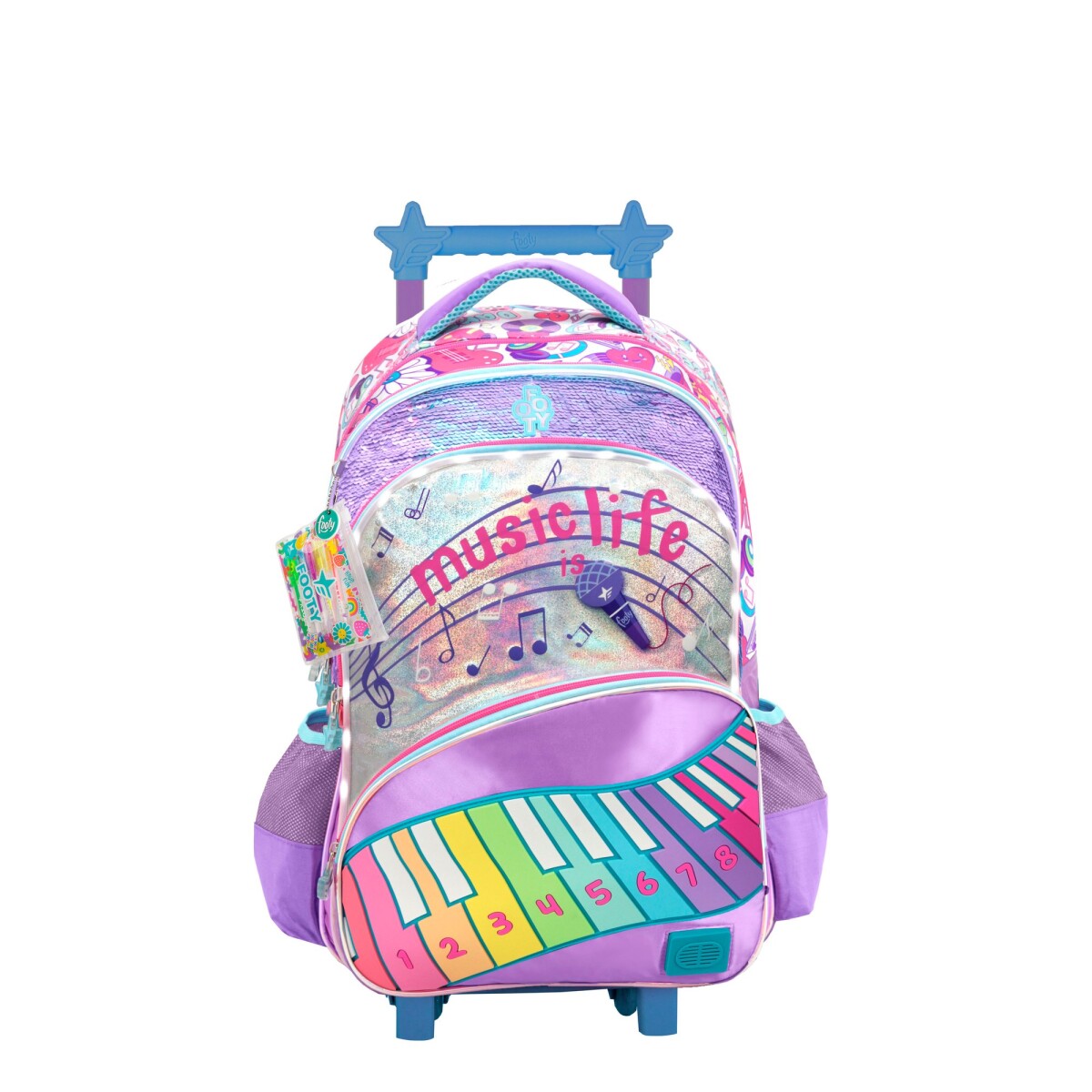 Mochila FOOTY Piano Grande Con Carro y Luz Led - Violeta - Plateado 