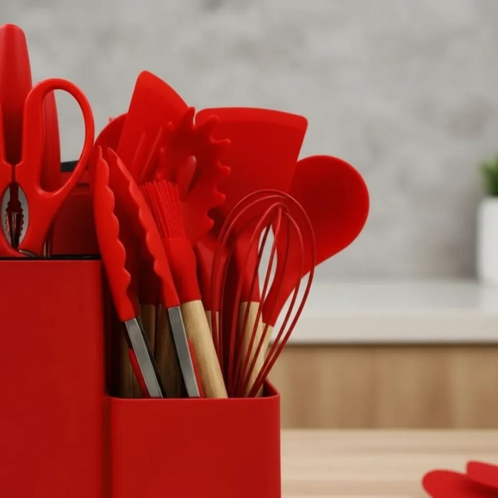 Kit De Menage 19 Utensillos De Cocina+organizador ROJO