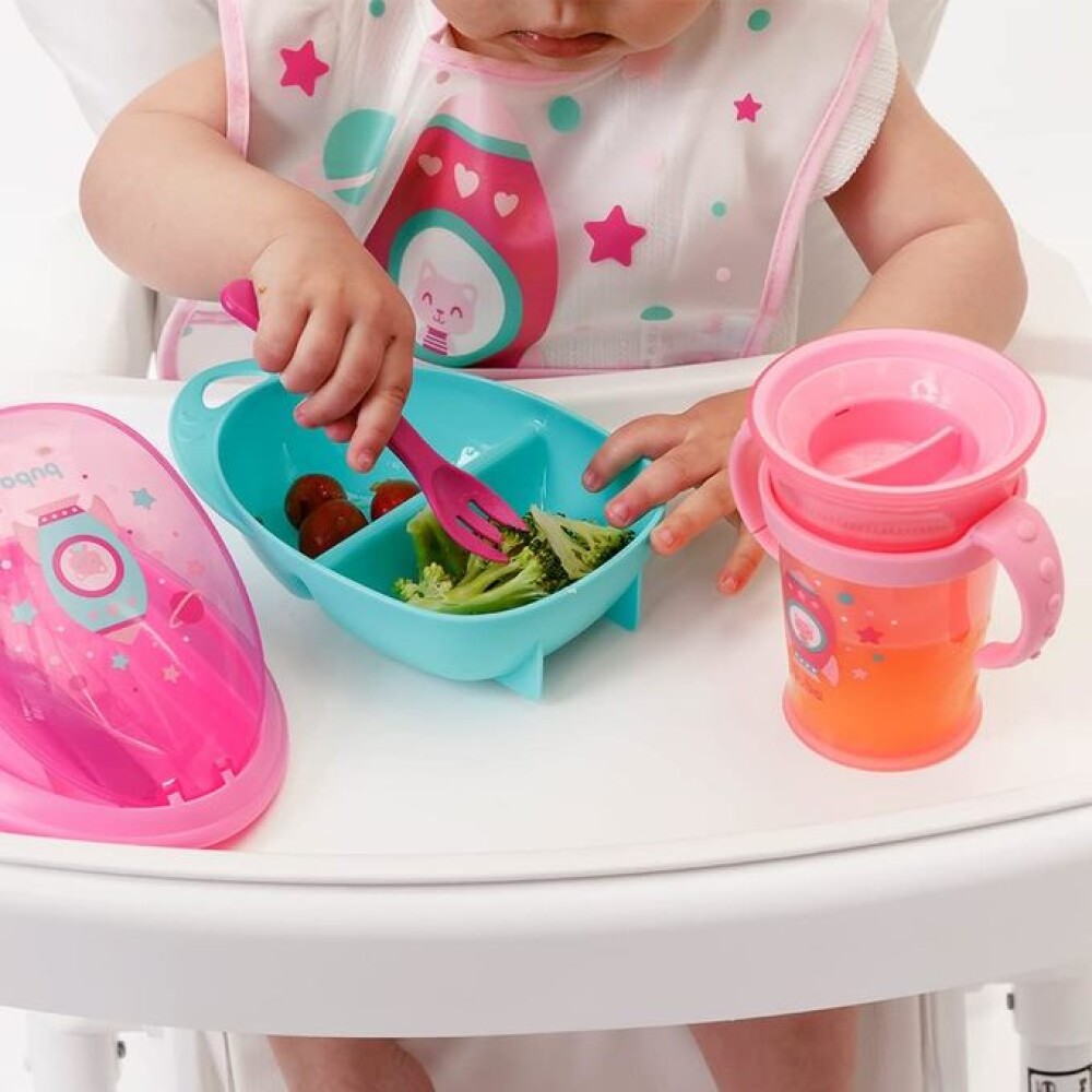 vianda tupper y cubiertos space cohete BUBA rosa