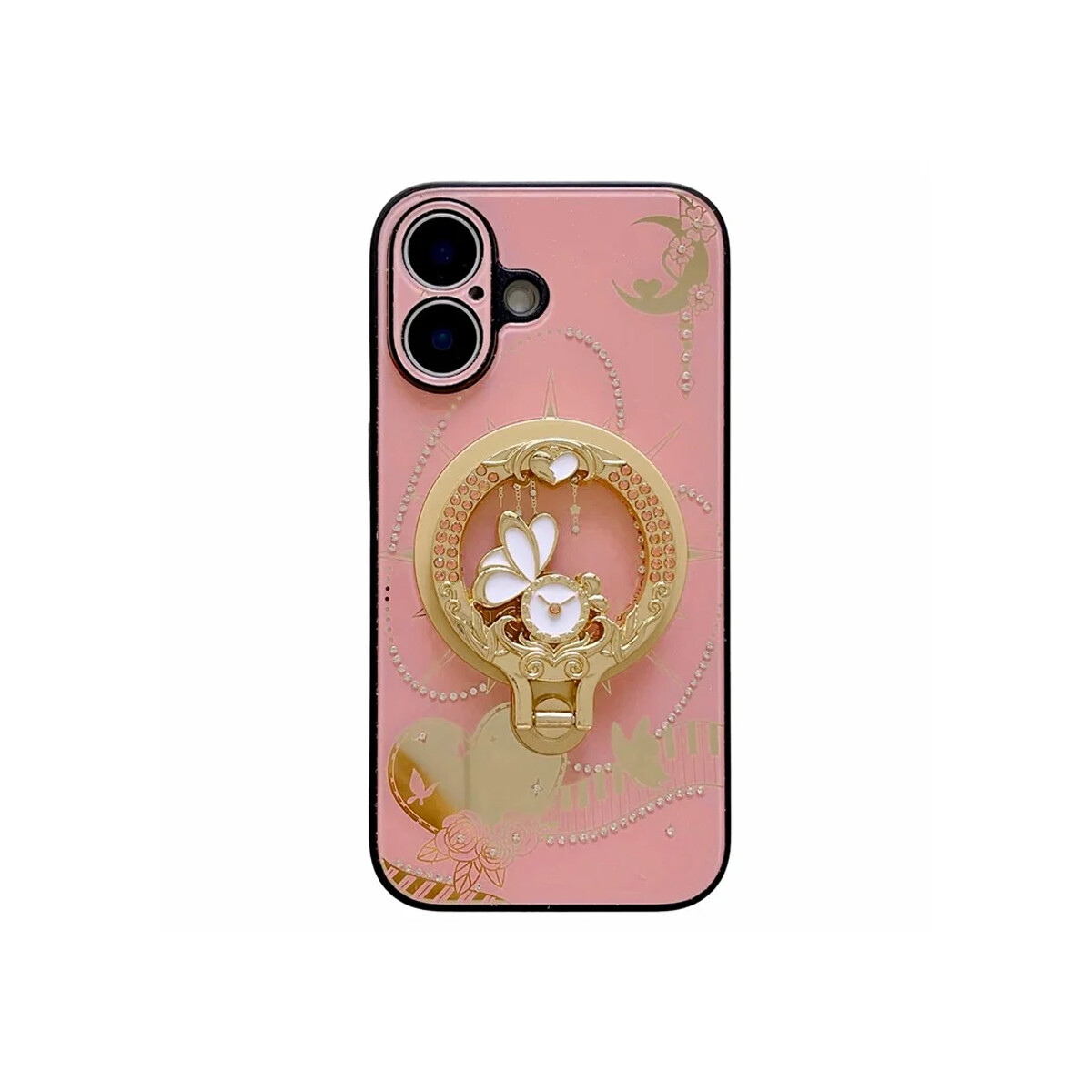 Protector para iPhone 16 con anillo diseño mariposa color rosa 