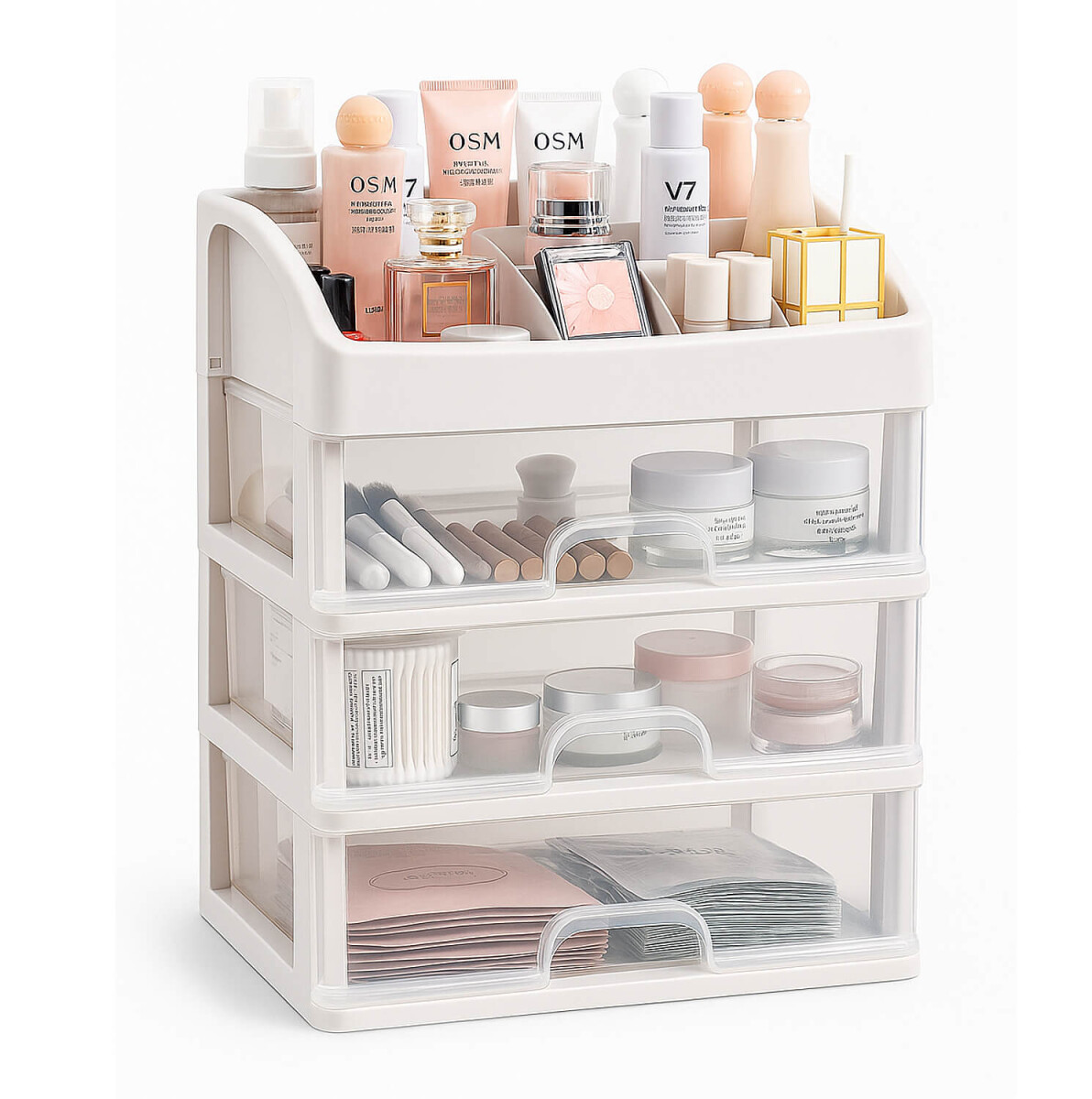 Organizador de Maquillaje Blanco IMBACK IBK-MAQ001 | 3 Cajones + Compartimentos | Diseño Compacto, Elegante y Multifunción 