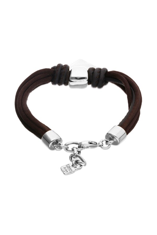 PULSERA MEZCLA DE HILO EFECTO SEDA CON CUERO MARRÓN Y DETALLE DE CORAZÓN BAÑADO EN PLATA DE LEY Pulsera