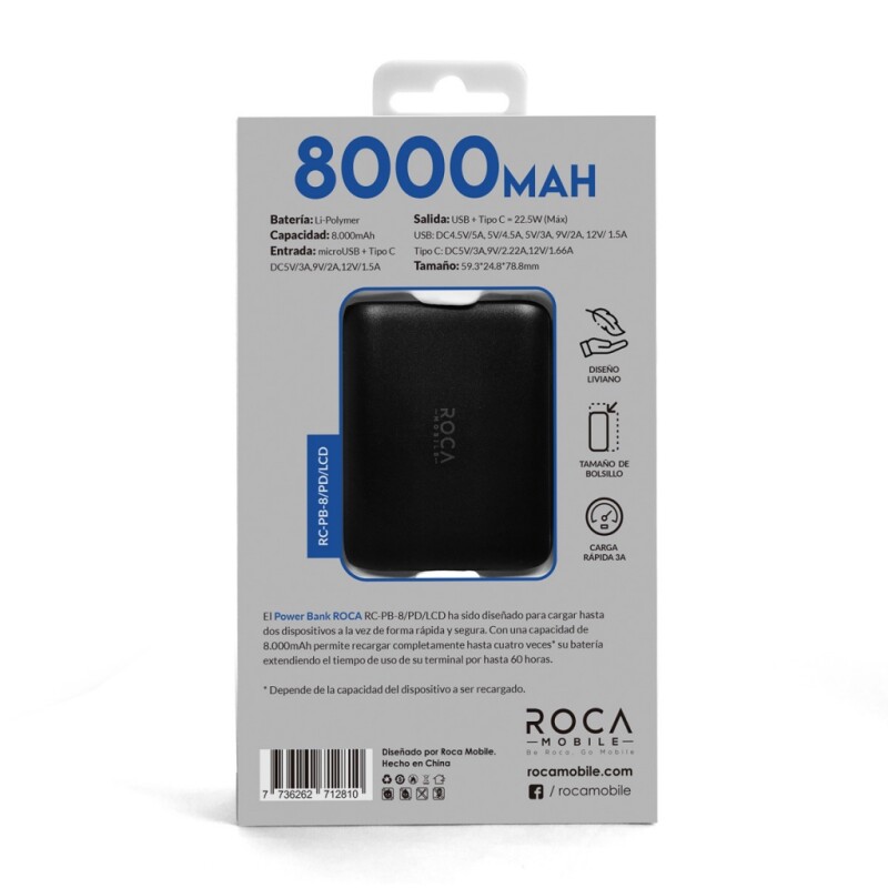 Power Bank 8000mah Roca Lcd Carga Rápida 22.5w Tipo-c Usb Power Bank 8000mah Roca Lcd Carga Rápida 22.5w Tipo-c Usb