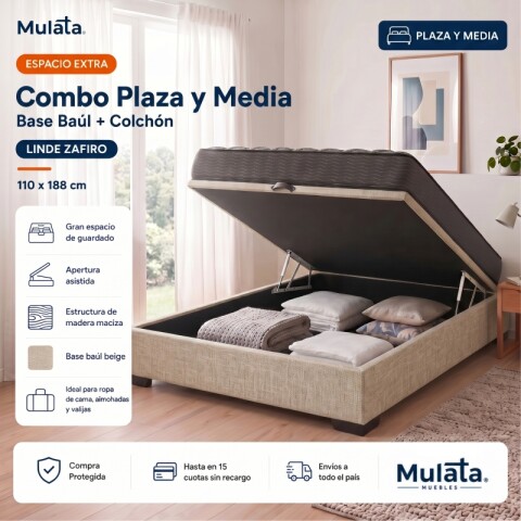 Sommier Baúl Plaza Y Media Beige con Colchón Linde Zafiro 110 x 190 Firme Sommier Baúl Plaza Y Media Beige con Colchón Linde Zafiro 110 x 190 Firme