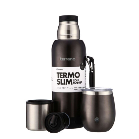Kit Termo 750Ml. Slim Con Manija + Mate De Acero Con Tapa Negro Metalizado