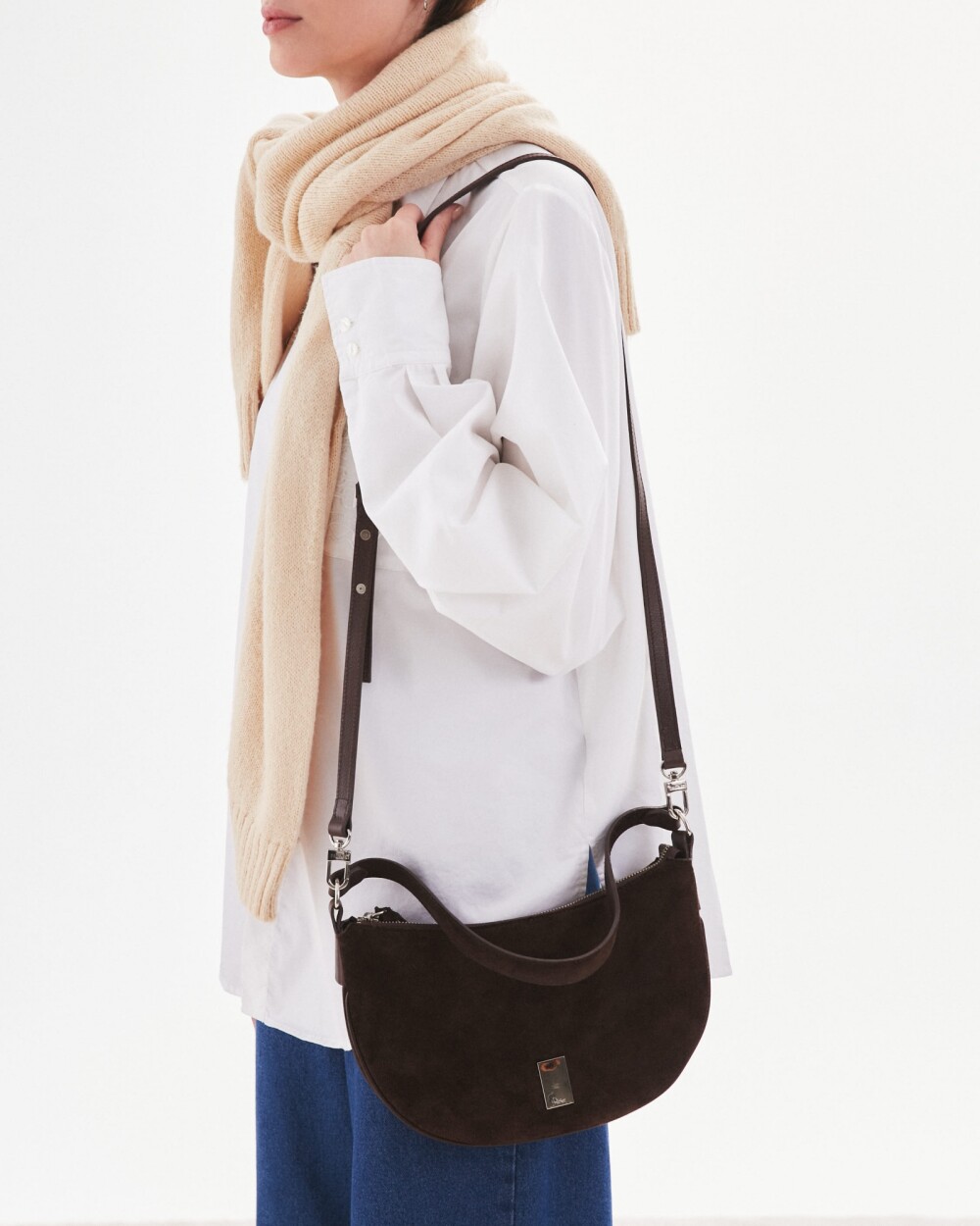 Cartera al Hombro Lua En Cuero Gamuza Marron