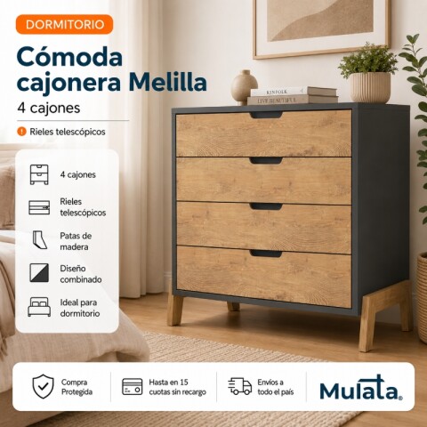 Cómoda Cajonera 4 Cajones Rieles telescópicos Combinada con Patas Madera - MDP - Linea Melilla Cómoda Cajonera 4 Cajones Rieles telescópicos Combinada con Patas Madera - MDP - Linea Melilla