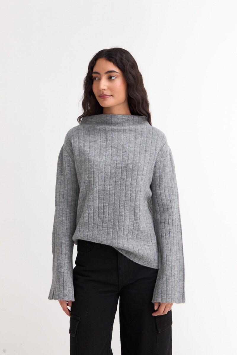 Sweater canalé con mangas oxford GRIS CLARO