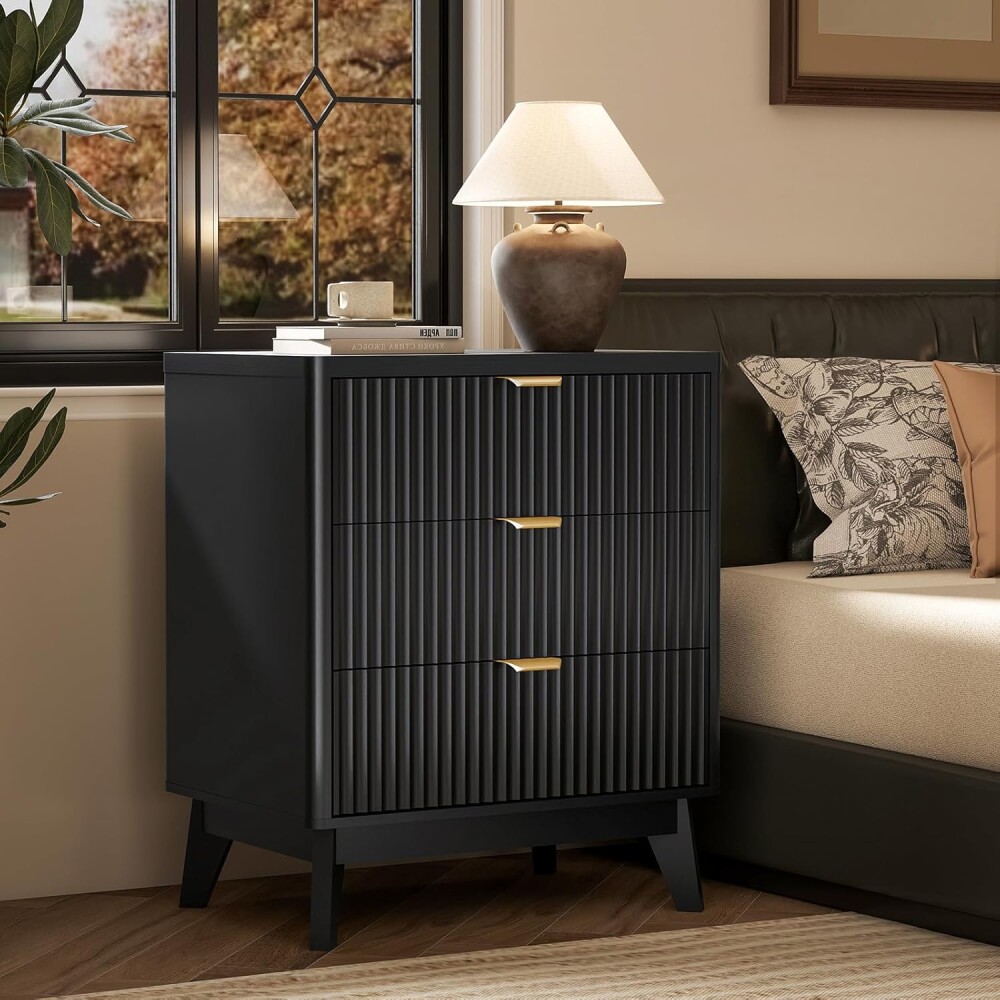 MESA DE LUZ GRAN TAMAÑO / CÓMODA 3 CAJONES - CON ENCHUFE negro