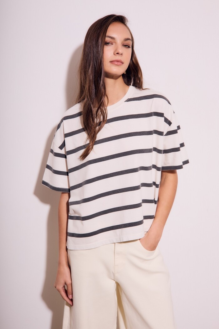 Remera Algodon Lavado Rayas Negro