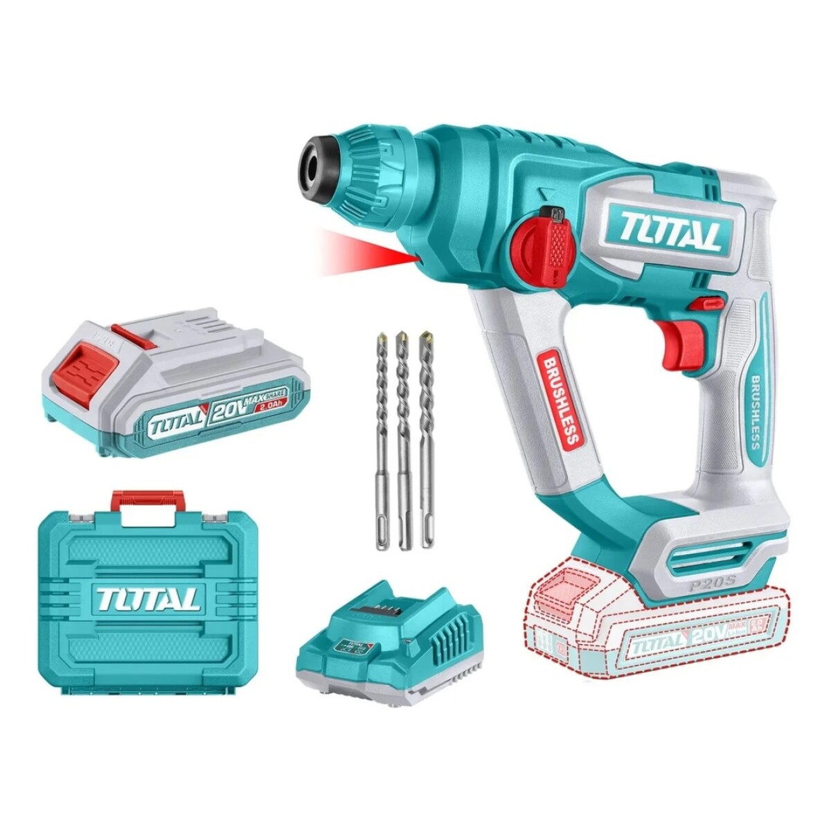 Rotomartillo Inalámbrico Brushless SDS Plus 20V con Batería y Maletín Total 