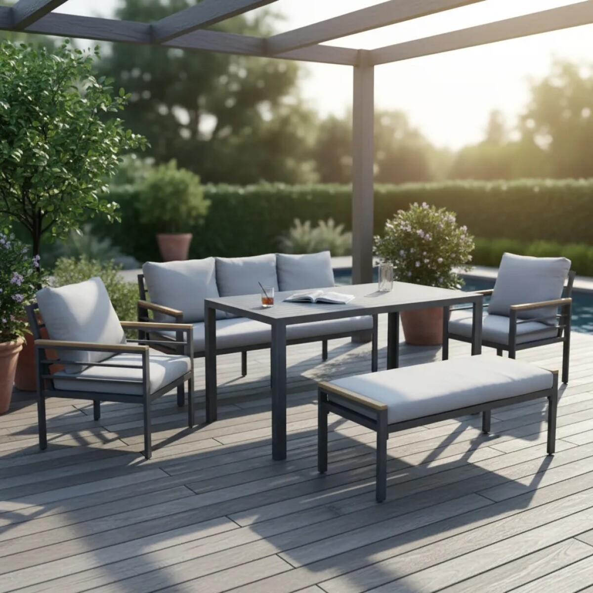 Juego de Jardín Exterior Aluminio Mesa + Sillones 