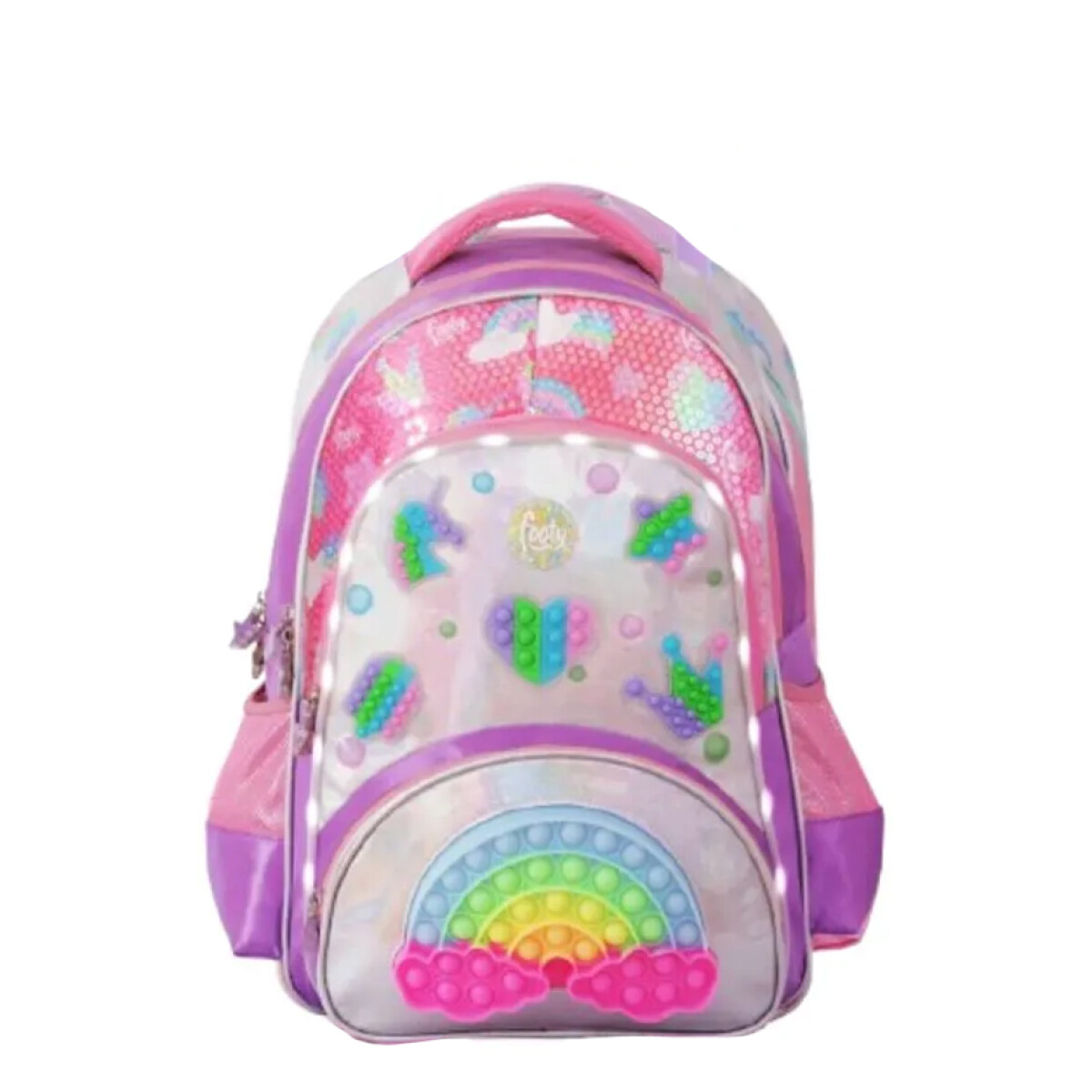 Mochila Footy Arcoiris Pop It 18" con Luz Led - Fucsia - Violeta - Rosado 