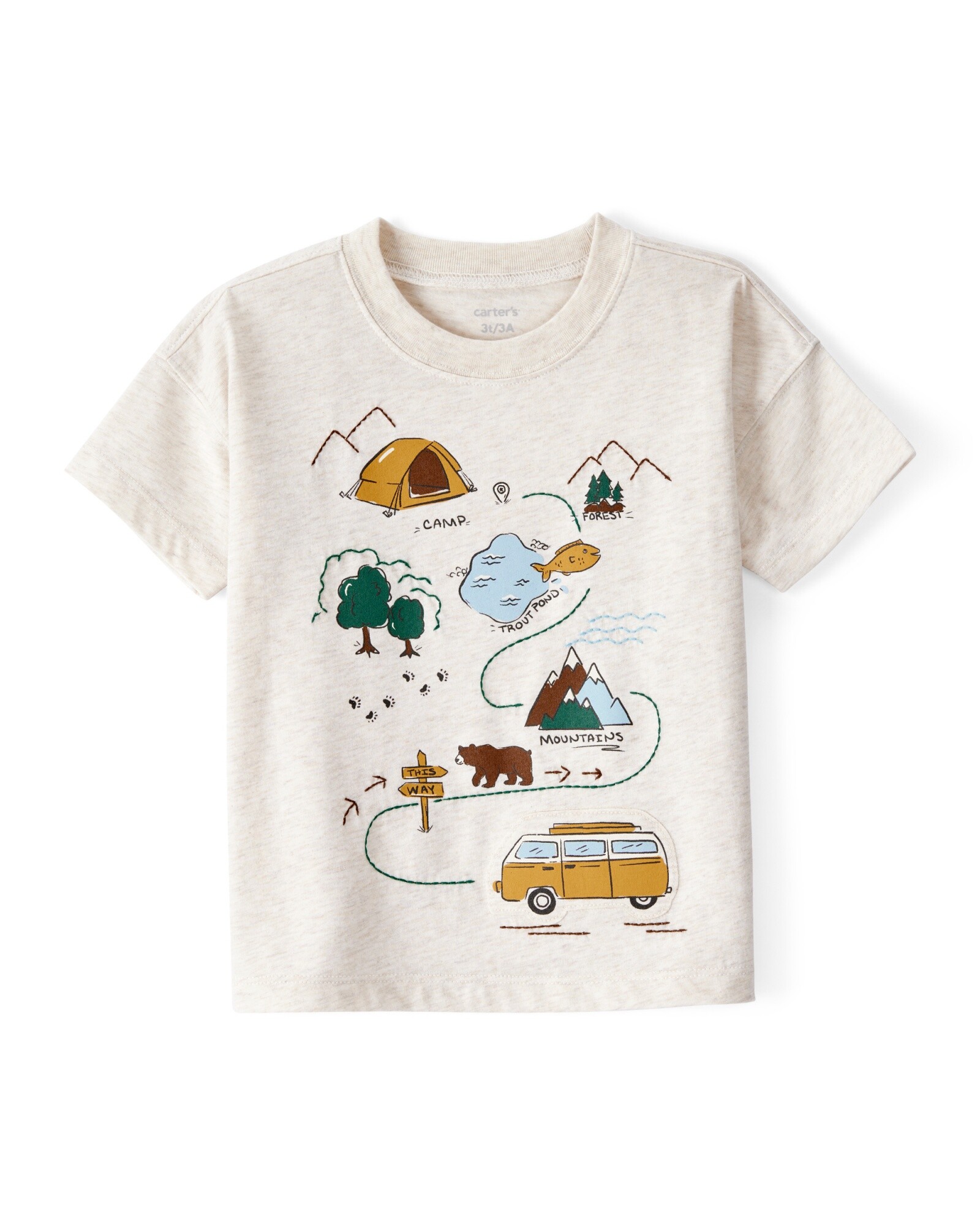 Remera de algodón, manga corta, estampa camping Sin color