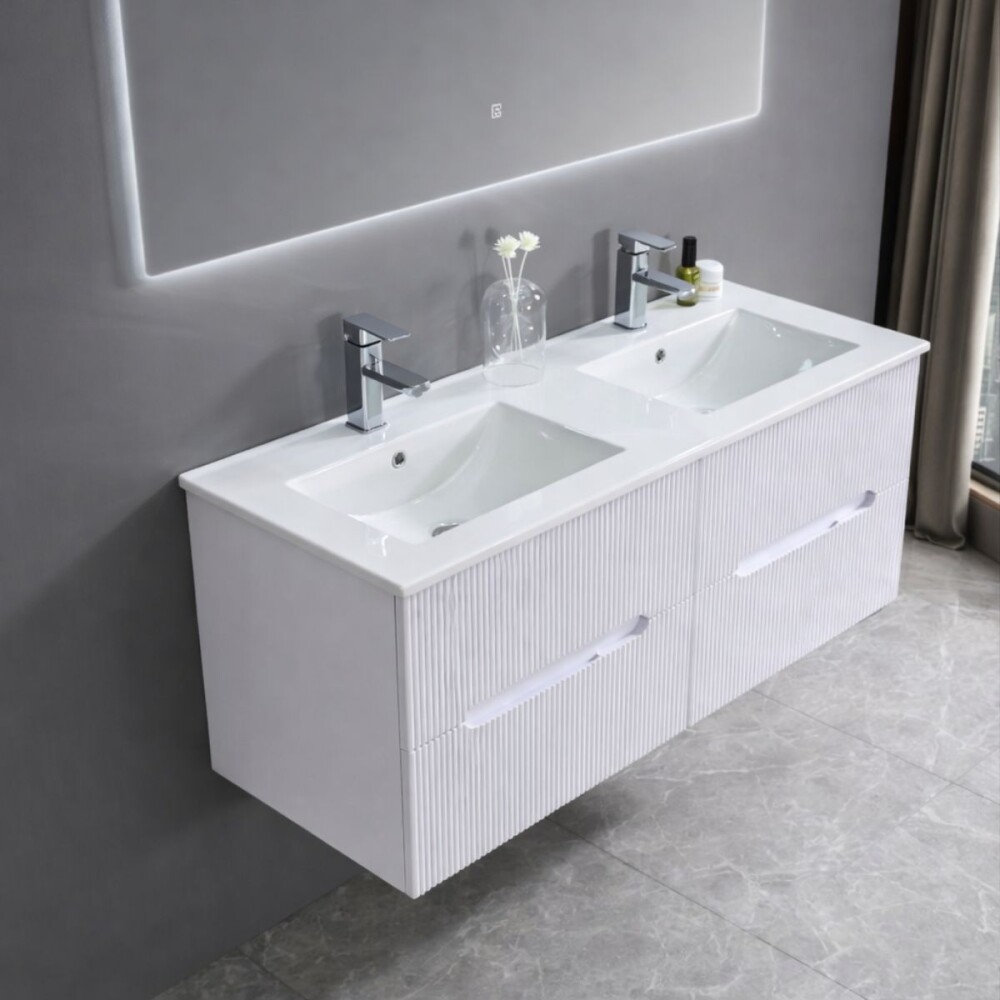 Mueble De Baño Suspendido Blanco Ripado 120 Cm Con doble Bacha Mueble De Baño Suspendido Blanco Ripado 120 Cm Con Doble Bacha