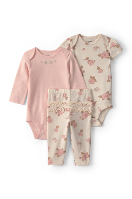 Set tres piezas de algodón, pantalón y bodies, rosado y crema, diseño floral Sin color