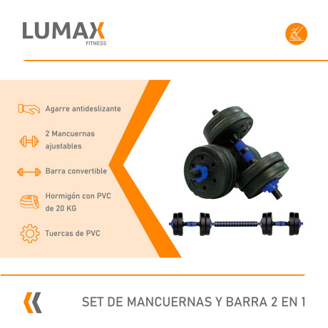 Set 2 Mancuernas Lumax + Barra 2 En 1 + 20kg Discos Pesas Azul