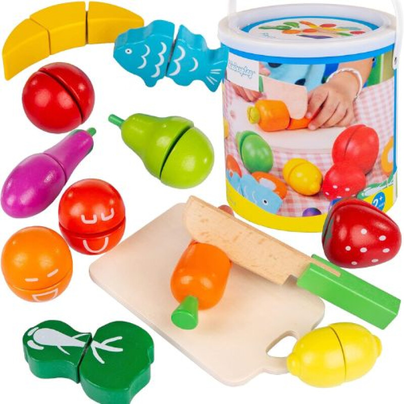 Balde con frutas de madera para cortar con velcro Balde Con Frutas De Madera Para Cortar Con Velcro