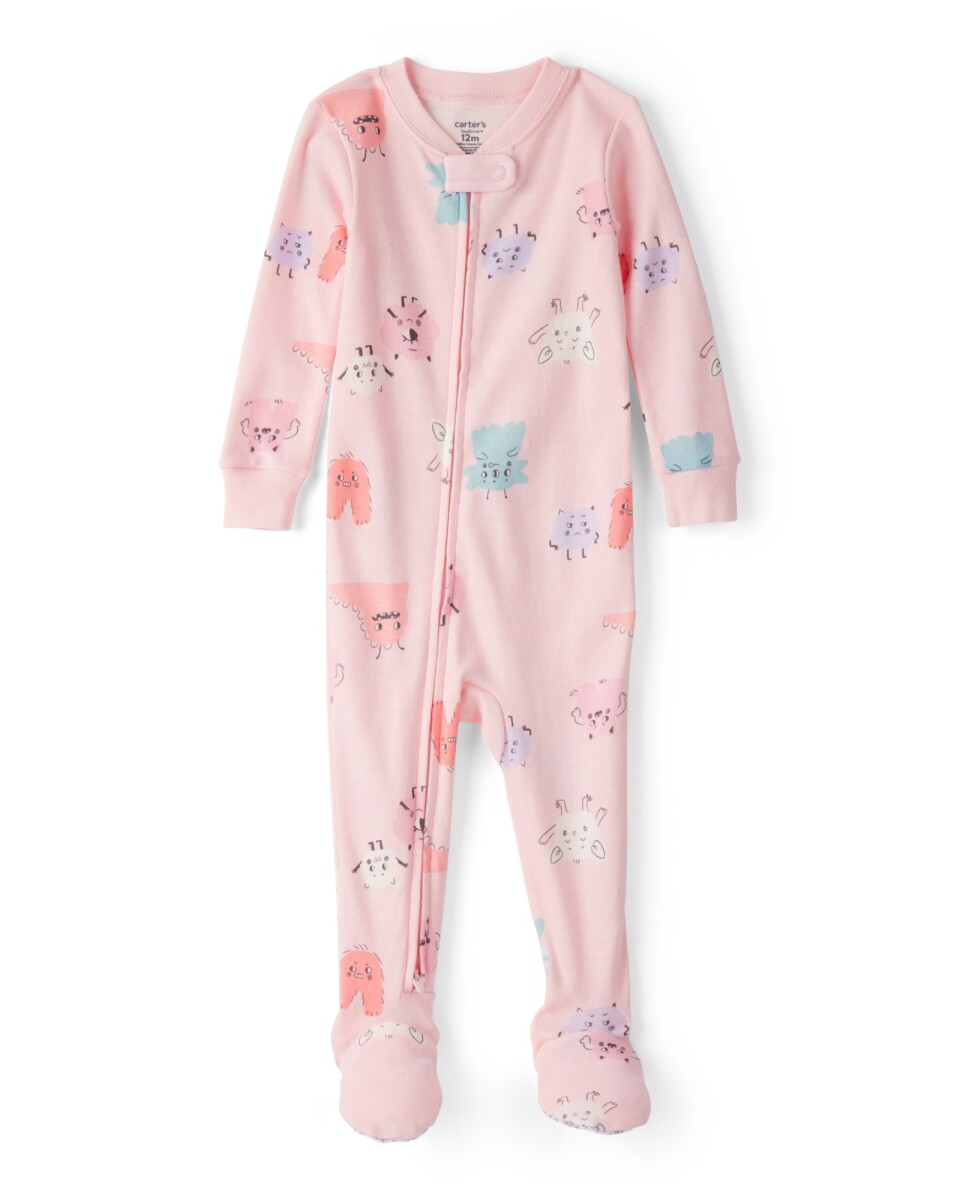 Pijama una pieza de algodón, con pie, rosado, diseño monstruos 