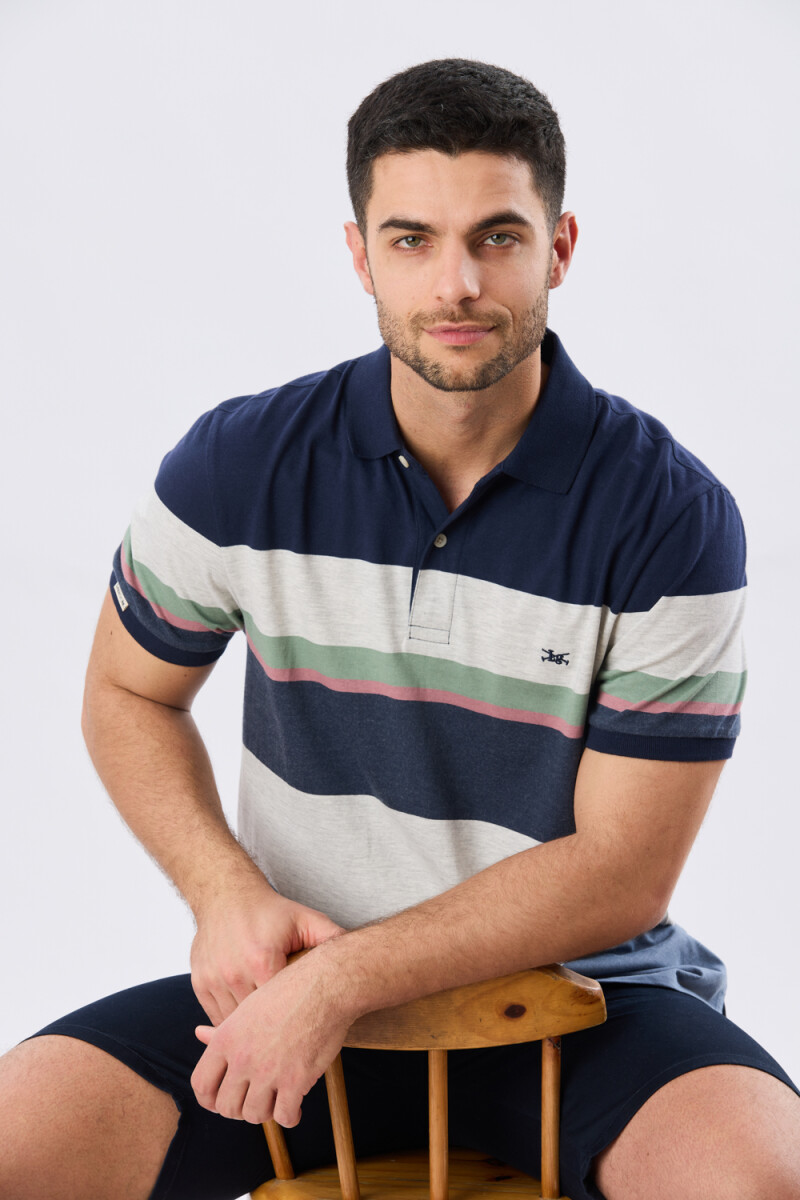 REMERA POLO RAYADA JERSEY - Azul Oscuro 