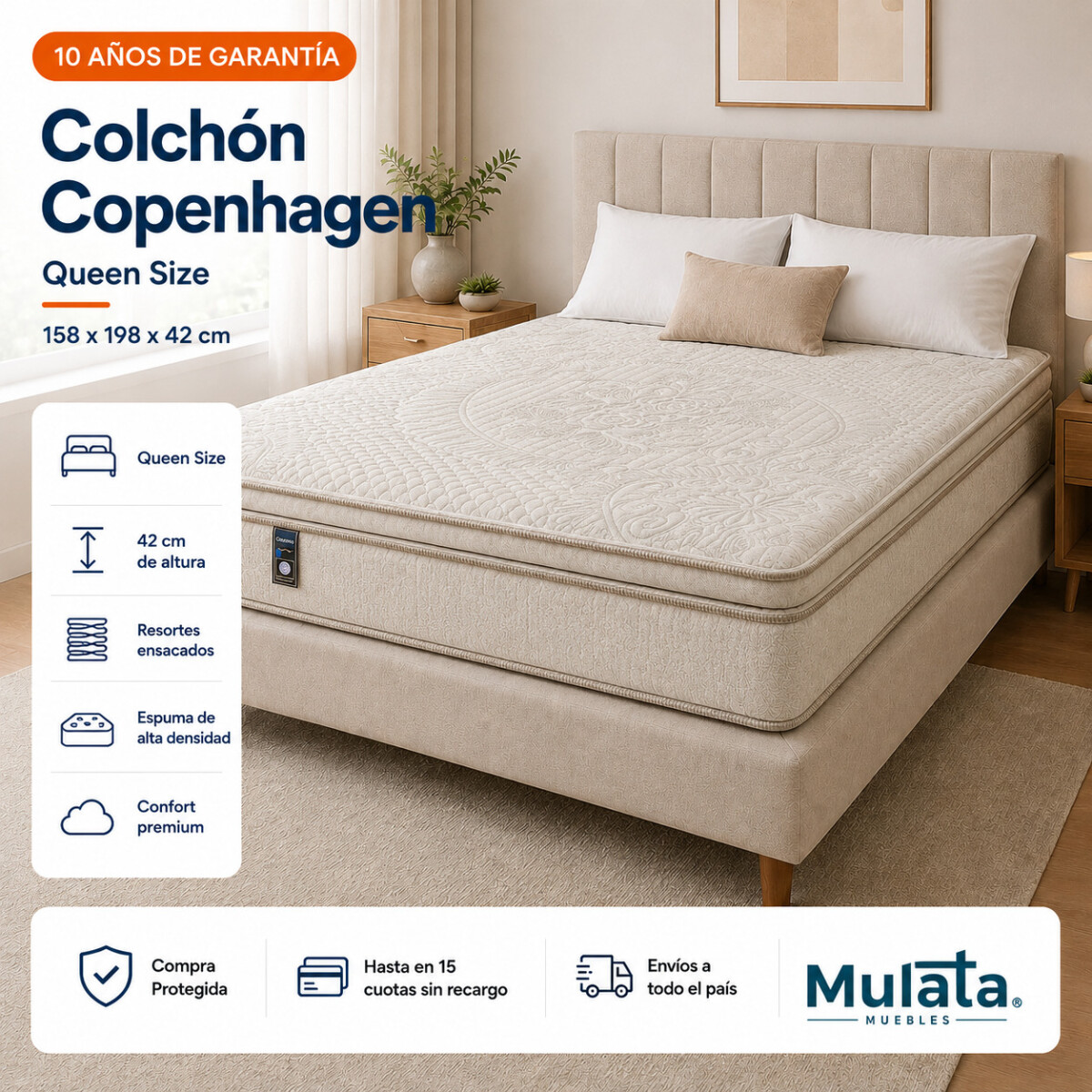 COLCHON QUEEN - Premium Copenhagen Espuma y Resortes Ensacados 158 x 198 x 42 cm - 10 Años Garantía 