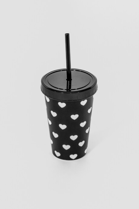 Vaso Con Tapa + Sorbito Lunares Y Corazones Estampado 1