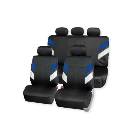 Cubreasiento 9 Piezas Combinado Eco Cuero Y Malla Negro Con Detalles En Azul Y Blanco