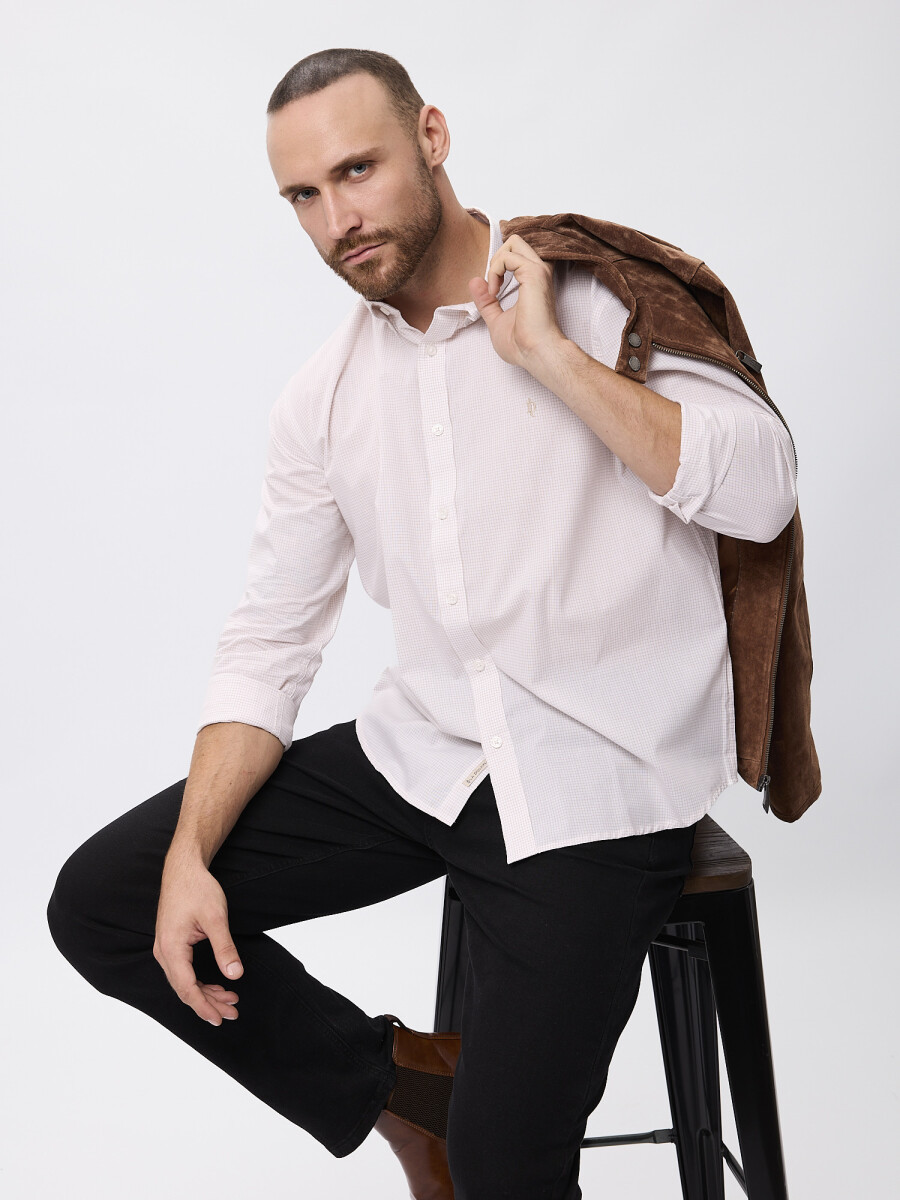 Camisa m/l microcuadros - beige 