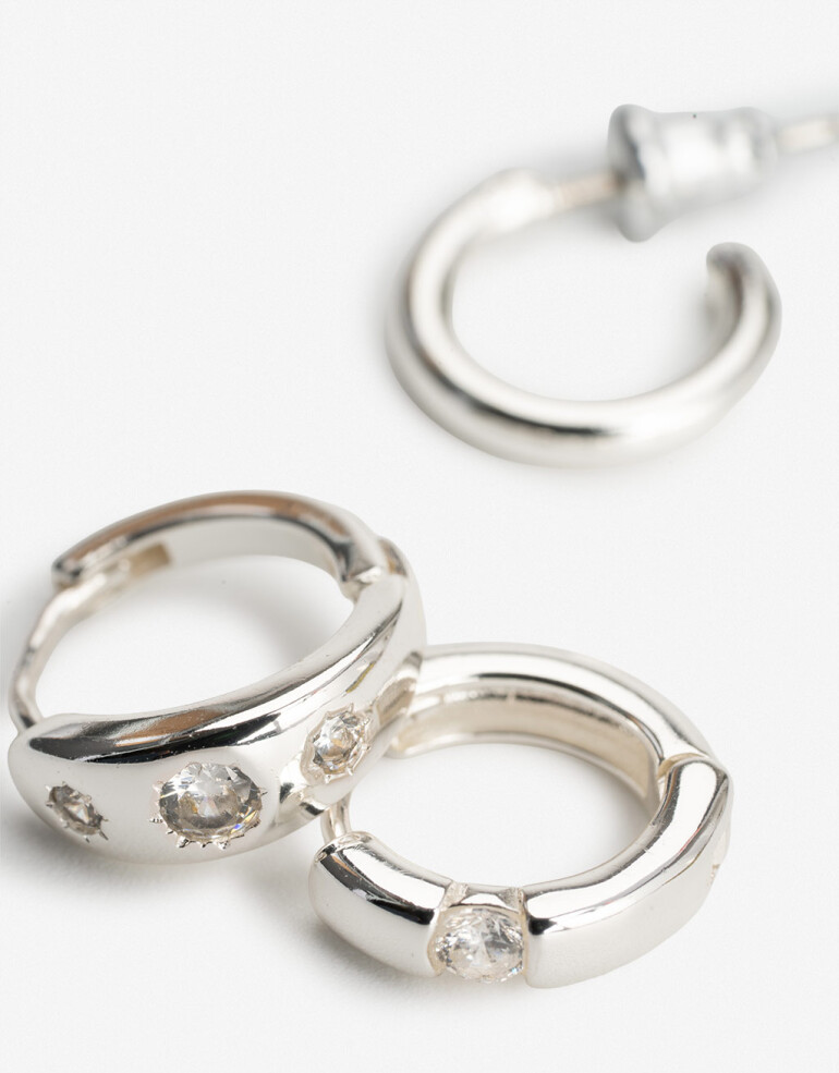 Aros Argollas Set Cubic zirconia Set De Argollas Bañado En Plata - Plateado