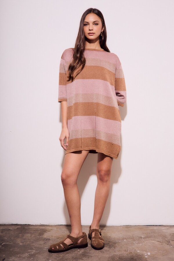 Vestido Tejido Rayado Lurex Rosa