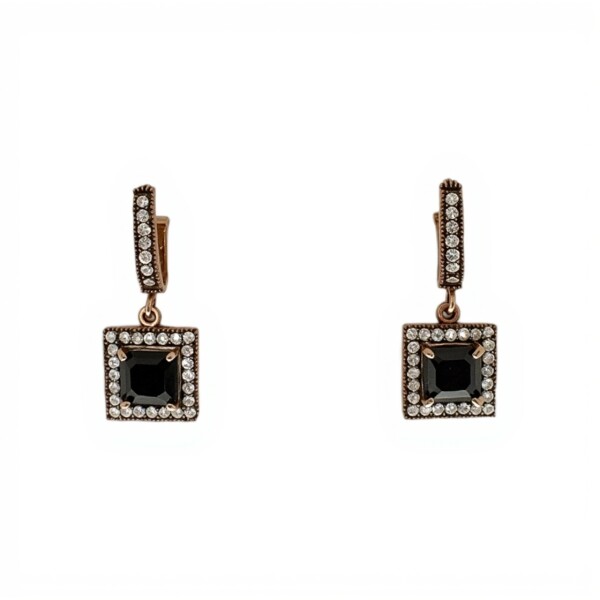 Caravanas Cuadrado Vintage-Plata rodinada 925 con micra de oro 18k-Piedra Ónix y Zirconia-CA2043 conpiedra