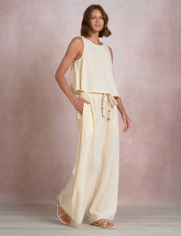 Pantalon Palazzo Algodon Lino Con Cordón Trenzado BEIGE CLARO