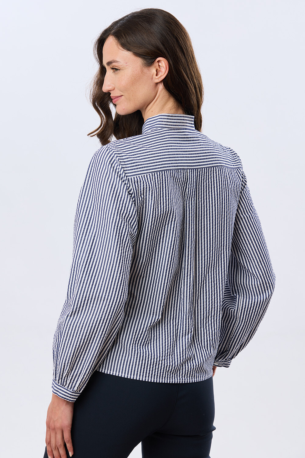 CAMISA RAYADA CON FRUNCES Azul