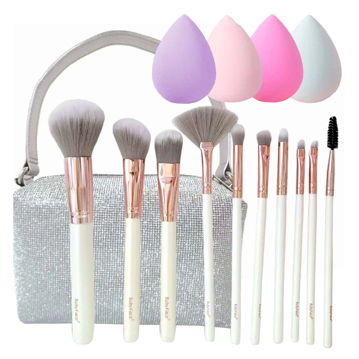 Set Maquillaje 10 Brochas y Pinceles c/ Estuche + Esponjas - Plateado 