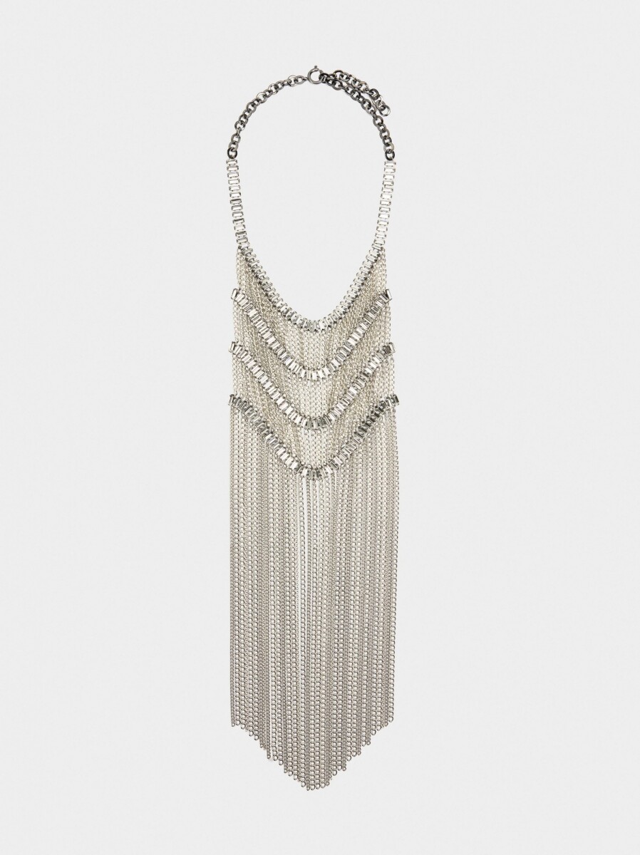 Collar Maxi Largo Con Cristales - plateado 