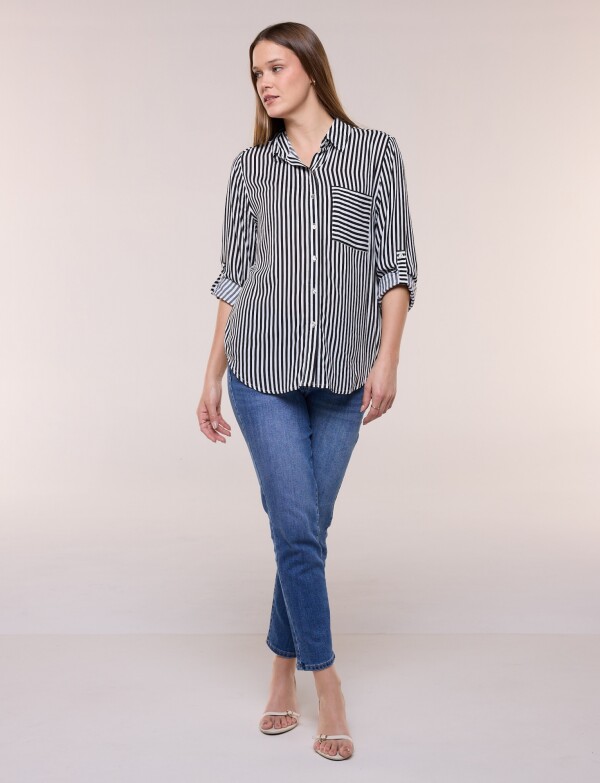 Camisa Clásica Rayada Con Mangas Arremangables NEGRO