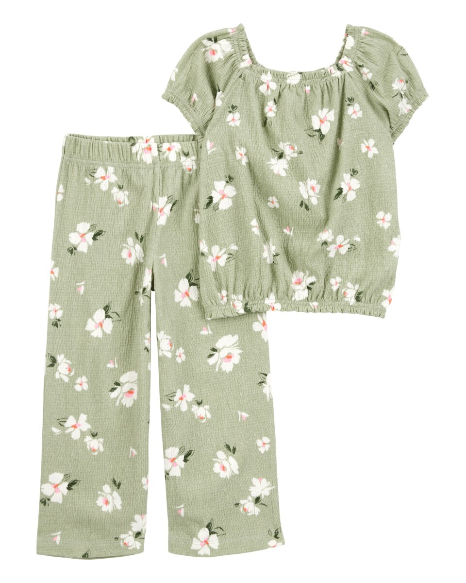 Set dos piezas de jersey arrugado, pantalón y blusa, diseño floral 