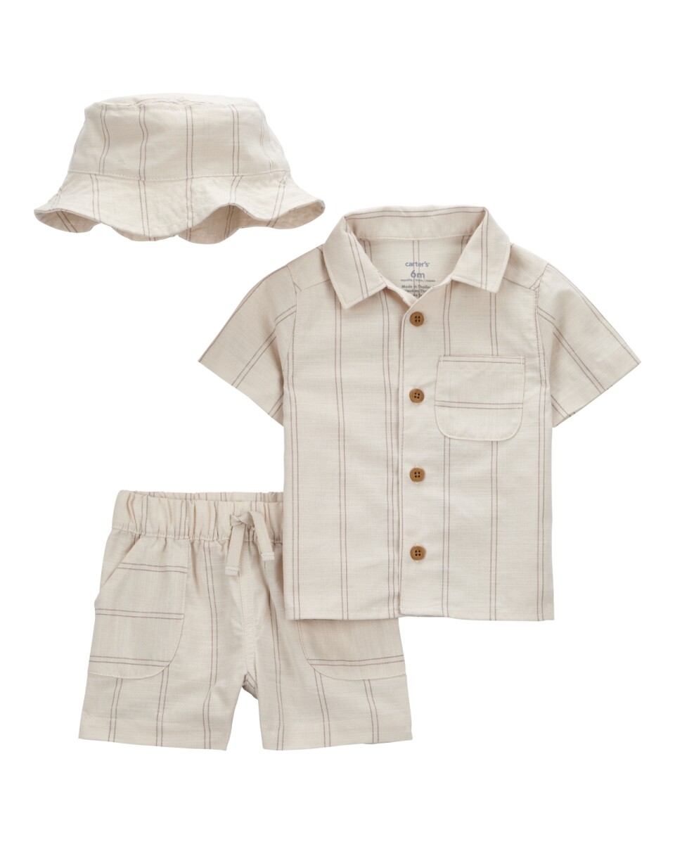 Set tres piezas de algodón, short, camisa y gorro, diseño a rayas 