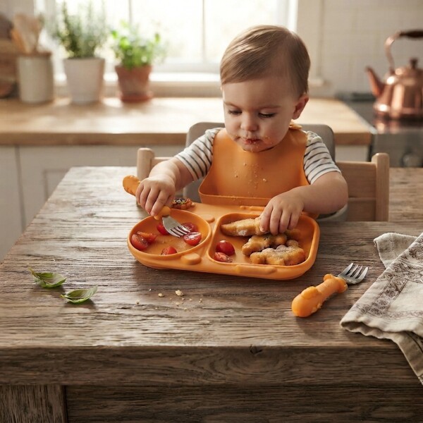 Plato Infantil Silicona Divisiones Antideslizante Bebé Naranja 1