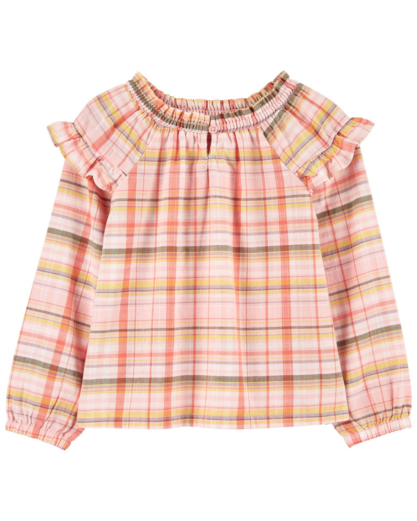 Blusa de algodón, manga larga, diseño a cuadros. Talles 12-24M Sin color