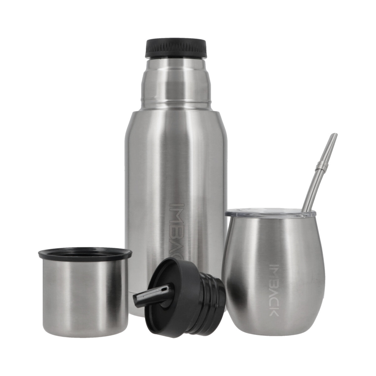 Set Termo de Acero Inoxidable Doble Capa y Doble Pico de 0,75 litros Color Plata + Mate con Tapa + Bombilla 