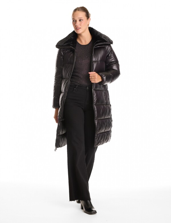 Campera Puffer Satinada Con Cuello De Piel NEGRO