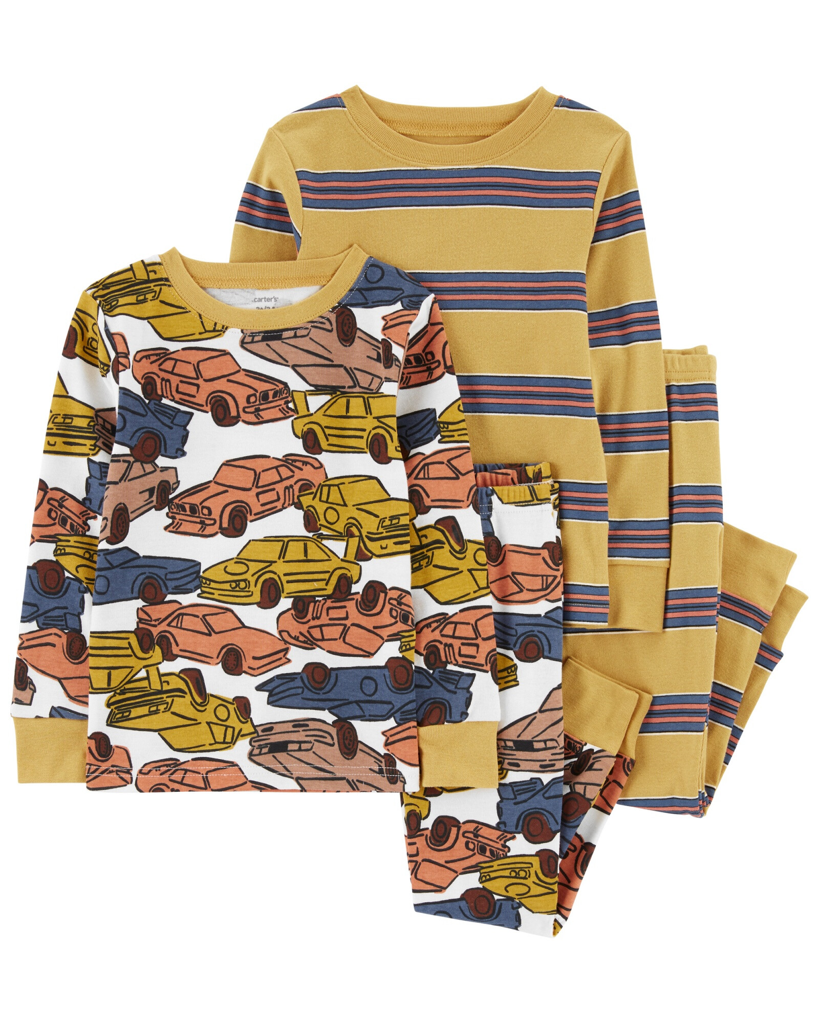 Pijama cuatro piezas de algodón, dos remeras y dos pantalones, diseños de autos y rayas Pijama cuatro piezas de algodón, dos remeras y dos pantalones, diseños de autos y rayas